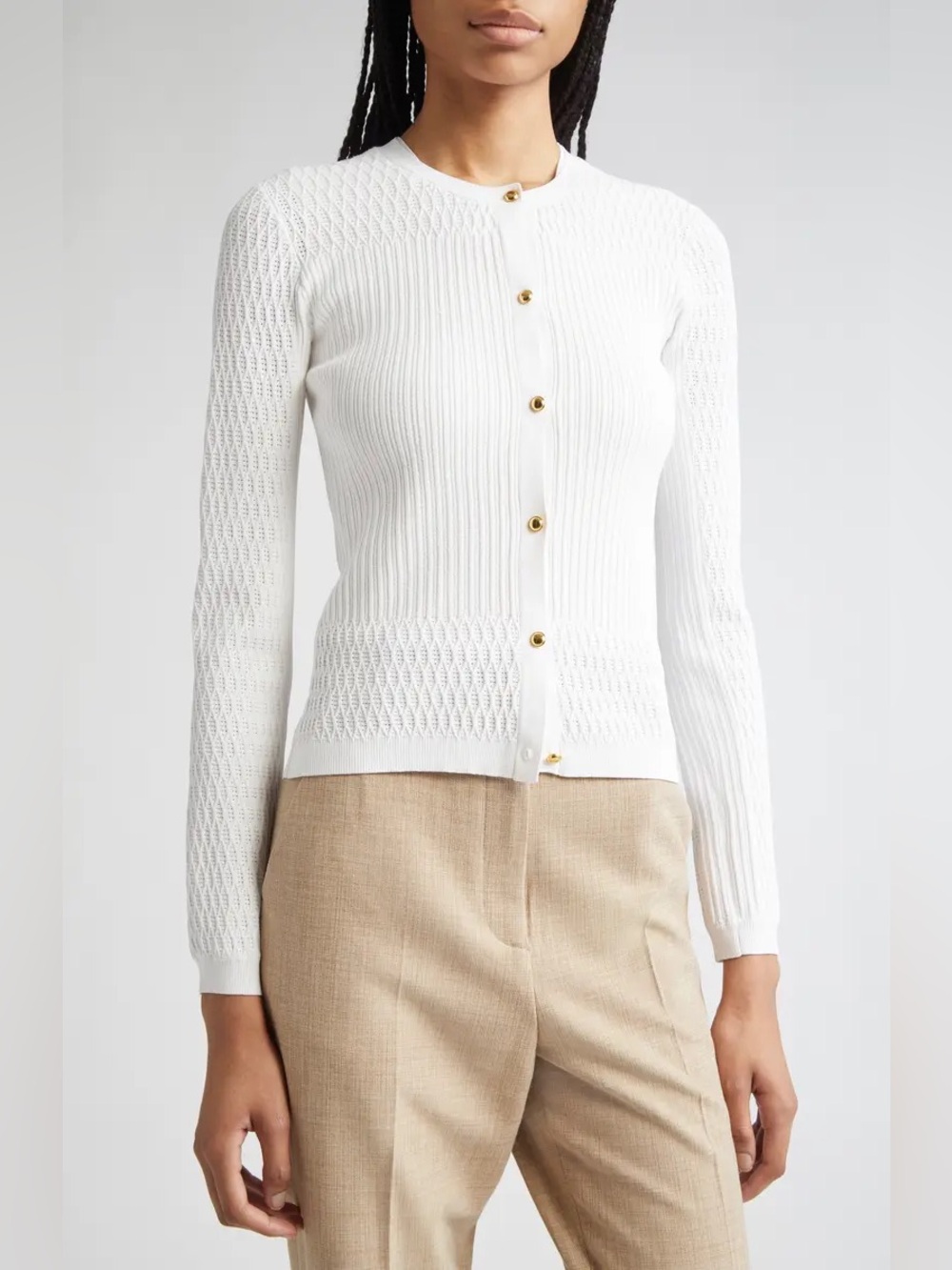 St. John Mixed Stitch Fine Gauge Cardigan White